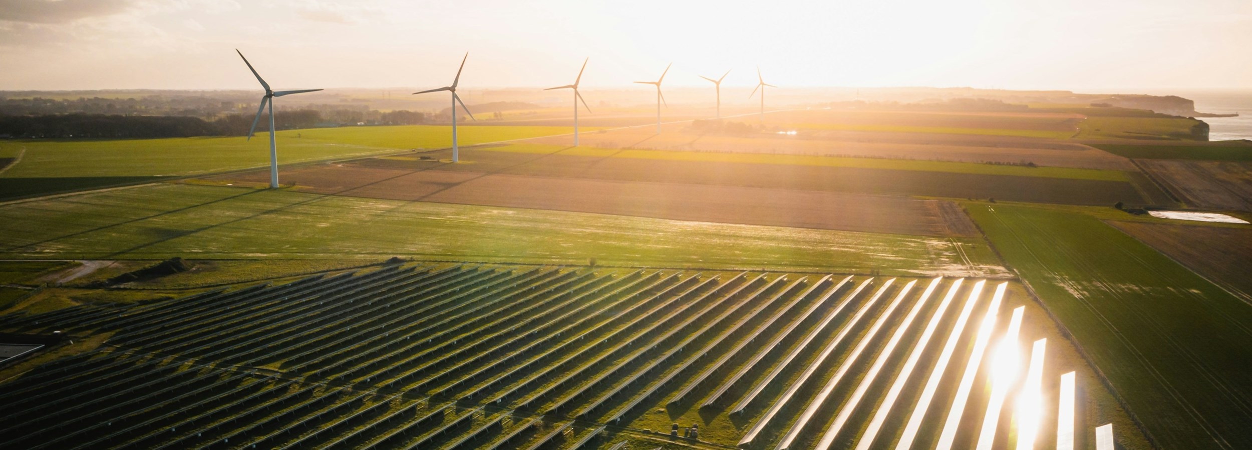 Fält med solpaneler och vindkraftverk i Skåne