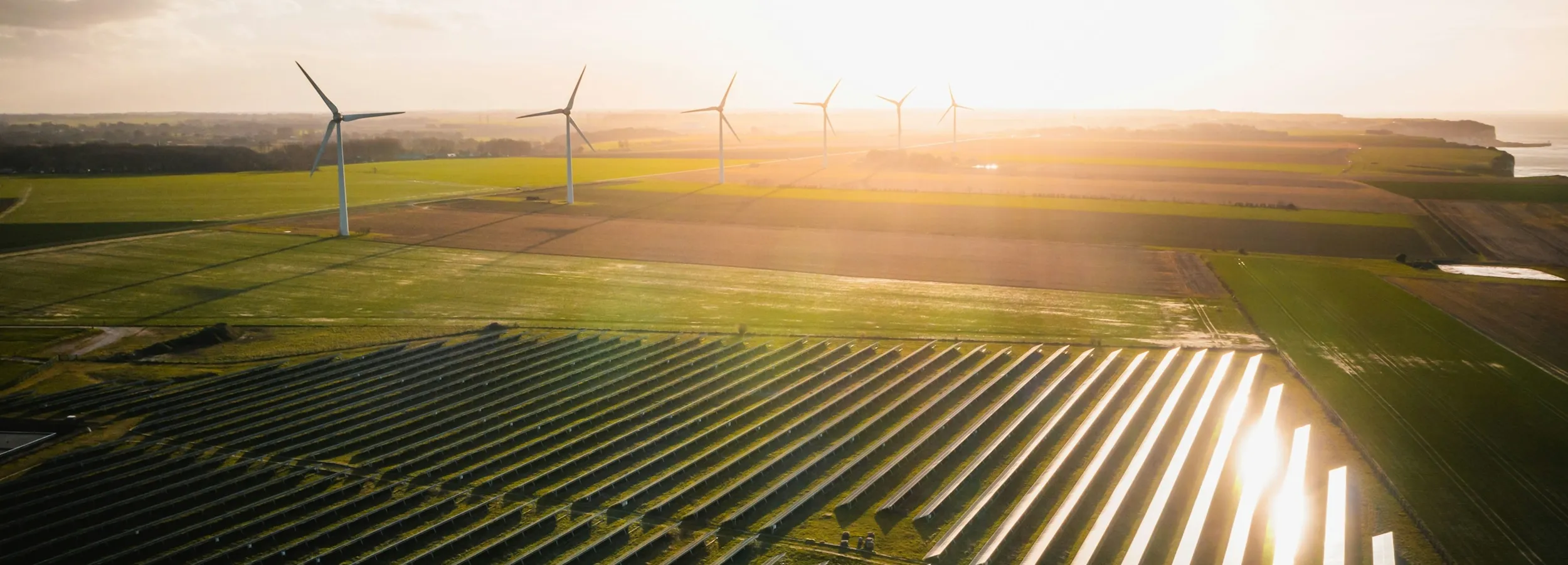Fält med solpaneler och vindkraftverk i Skåne